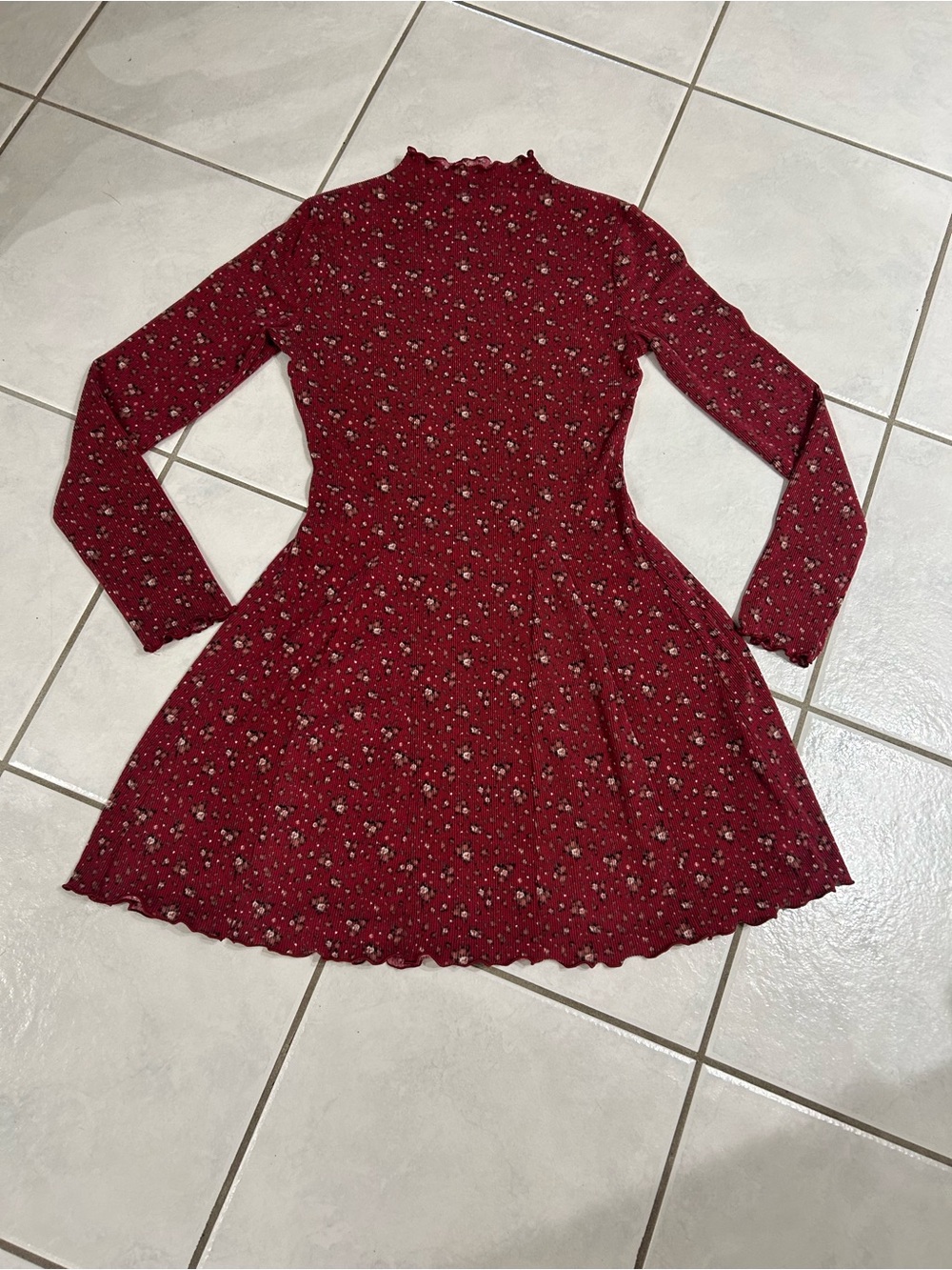 SO Burgundy Floral Mock Neck Long Sleeve Skater Dress